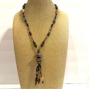 Teresa Goodall artisan lariat drop necklace, pottery, stones & glass beads